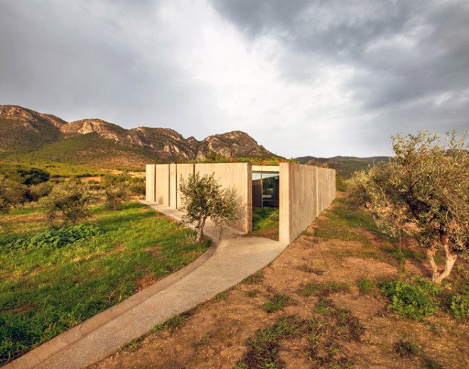 Tense Architecture Network, concrete home, residence in Megara, Greece, Greek architects, courtyard, concrete house, glass facade, open-plan living room, olive grove, green architecture