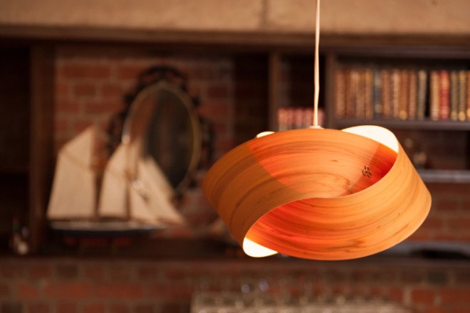 Minnow Twist, pendant light, pendant lamp, light shade, sustainable lamp, lamp design, green lighting, bamboo lamp, recycled materials, New Zealand, reused materials, old internet cables