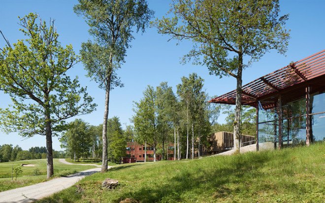 Öijared Hotel, Öijared Country Club, Öijared, Sweden, Gert Wingårdhs, Kjellgren Kaminsky Architecture, Kjellgren Kaminsky, hotel, hotel design, timber slats, timber cladding, spruce, locally sourced materials, prefabricated rooms, prefab, prefabricated hotel rooms, natural materials, wood, double height lounge, neutral palette
