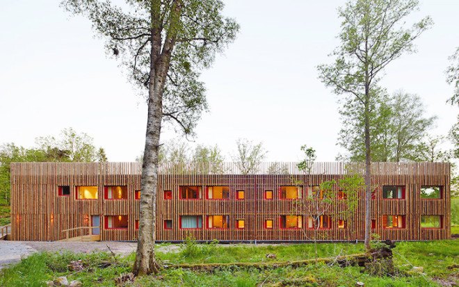 Öijared Hotel, Öijared Country Club, Öijared, Sweden, Gert Wingårdhs, Kjellgren Kaminsky Architecture, Kjellgren Kaminsky, hotel, hotel design, timber slats, timber cladding, spruce, locally sourced materials, prefabricated rooms, prefab, prefabricated hotel rooms, natural materials, wood, double height lounge, neutral palette