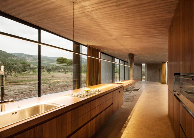 Tense Architecture Network, concrete home, residence in Megara, Greece, Greek architects, courtyard, concrete house, glass facade, open-plan living room, olive grove, green architecture