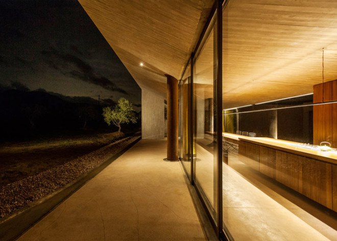 Tense Architecture Network, concrete home, residence in Megara, Greece, Greek architects, courtyard, concrete house, glass facade, open-plan living room, olive grove, green architecture