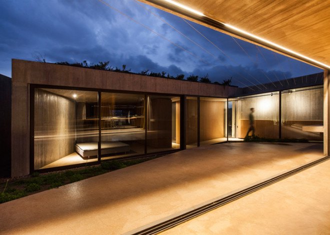Tense Architecture Network, concrete home, residence in Megara, Greece, Greek architects, courtyard, concrete house, glass facade, open-plan living room, olive grove, green architecture