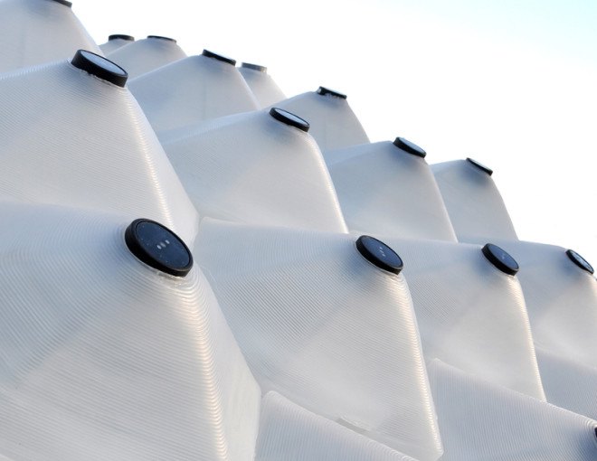 Solar Bytes Pavilion, 3D printing, LEDs, solar power, solar energy, pavilion, solar powered pavilion, LED lights, 3D printed pavilion, DesignLabWorkshop, translucent plastic, smart technology, kent state university, arch pavilion, solar exposure, sun path