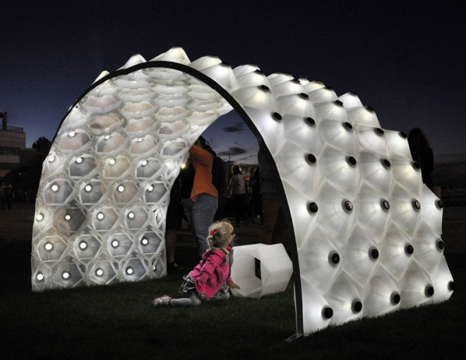Solar Bytes Pavilion, 3D printing, LEDs, solar power, solar energy, pavilion, solar powered pavilion, LED lights, 3D printed pavilion, DesignLabWorkshop, translucent plastic, smart technology, kent state university, arch pavilion, solar exposure, sun path