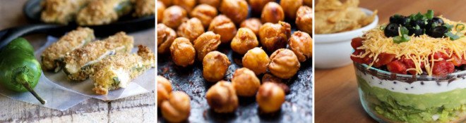 Super Bowl, vegetarian recipes, vegan recipes, football, NFL, appetizers, snacks, meatless, party, gluten free, party planning, healthy snacks, finger foods, dairy free, sports, pretzels, 7-layer dip, spicy chickpeas, seitan, carnitas, potato skins, jalapeno poppers,