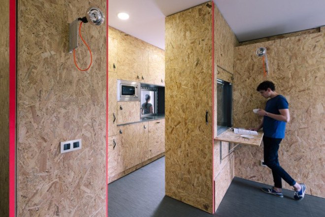 TallerDE2 Arquitectos, transformable OSB units, Pop-Up House, Madrid, Spanish design, pop-up furniture, space-saving appartment, bachelor pad