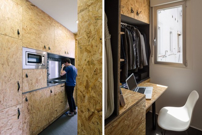 TallerDE2 Arquitectos, transformable OSB units, Pop-Up House, Madrid, Spanish design, pop-up furniture, space-saving appartment, bachelor pad