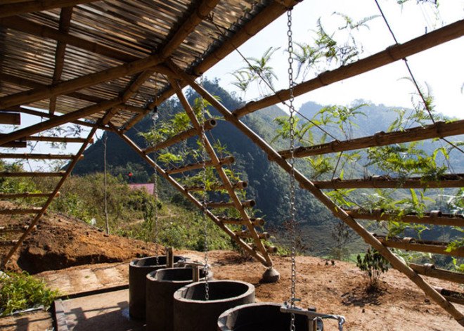 H&P Architects, Vietnam, low-cost architecture, green architecture, reused pipes, reused materials, rainwater harvesting, rainwater, rural architecture, bamboo, restroom resign, affordable design