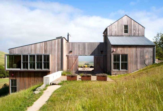 western red cedar, zinc roof, corrugated zinc, net zero, net zero ranch, Turnbull Griffin Haseloop, California, northern california, SWA Group, drought resistant plants, native grasses, sustainable design, family ranch, net zero energy, net zero energy design, sustainable architecture, reclaimed wood, solar power, high r insulation, rainwater capture system, passive cooling, sunshades, solar heat gain