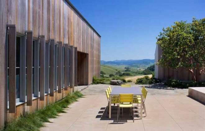 western red cedar, zinc roof, corrugated zinc, net zero, net zero ranch, Turnbull Griffin Haseloop, California, northern california, SWA Group, drought resistant plants, native grasses, sustainable design, family ranch, net zero energy, net zero energy design, sustainable architecture, reclaimed wood, solar power, high r insulation, rainwater capture system, passive cooling, sunshades, solar heat gain