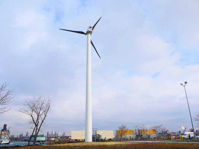 wind turbine, nyc largest wind turbine, renewable energy nyc, nyc first commercial-scale wind turbine, wind power nyc, Sunset Park Material Recovery Facility, brooklyn recycling facility, transfer station, nyc recycling facility, largest nyc recycling facility, sims municipal recycling, Department of Small Business Services, SBS, New York City Economic Development Corporation, EDC, Selldorf Architects, Brooklyn waterfront, solar power installation, on site renewable energy, on site renewables