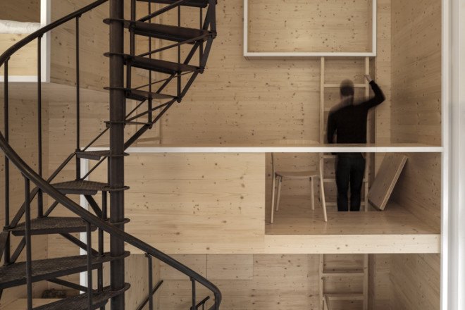 i29 interior architects, Alice in Wonderland, Amsterdam, de Bijenkorf, Dutch architecture, interior design, wooden installation, art installation, small spaces, spiral stairs, artist in residence, the Netherlands, green interior