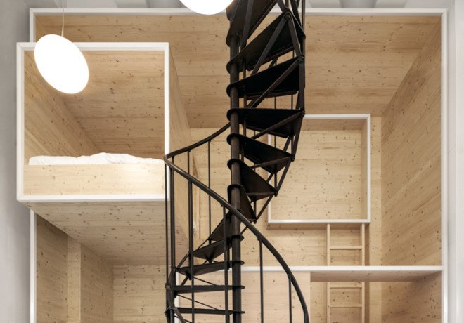 i29 interior architects, Alice in Wonderland, Amsterdam, de Bijenkorf, Dutch architecture, interior design, wooden installation, art installation, small spaces, spiral stairs, artist in residence, the Netherlands, green interior