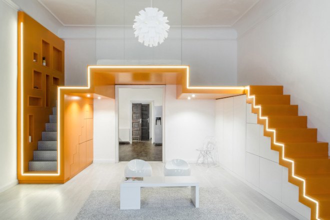batlab, painted fiberboards, fiberboards, loft bedroom, ribbon-like element, loft bed, in-built lighting, staircase, sheet metal, bedroom