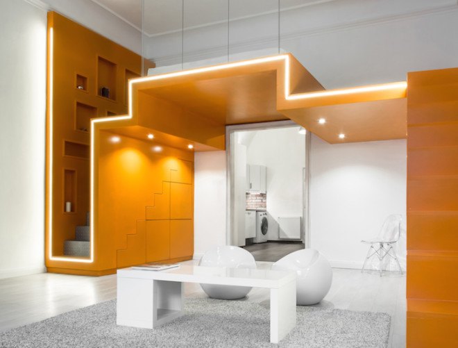 batlab, painted fiberboards, fiberboards, loft bedroom, ribbon-like element, loft bed, in-built lighting, staircase, sheet metal, bedroom