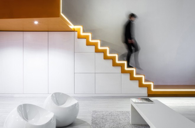 batlab, painted fiberboards, fiberboards, loft bedroom, ribbon-like element, loft bed, in-built lighting, staircase, sheet metal, bedroom