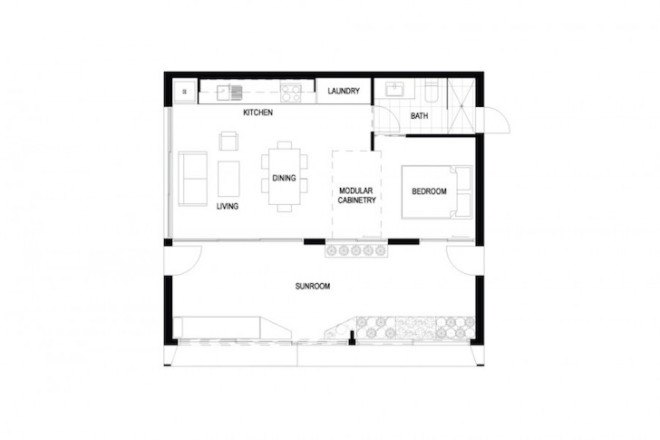 Archiblox, sunroom, carbon positive house, carbon positive, prefab, prefab house, carbon positive prefab, Melbourne, Australia, in-ground tubes, green roof, rainwater recycling, sustainably sourced materials, vertical, modular cabinets, double glazed facade, solar gain, passive design