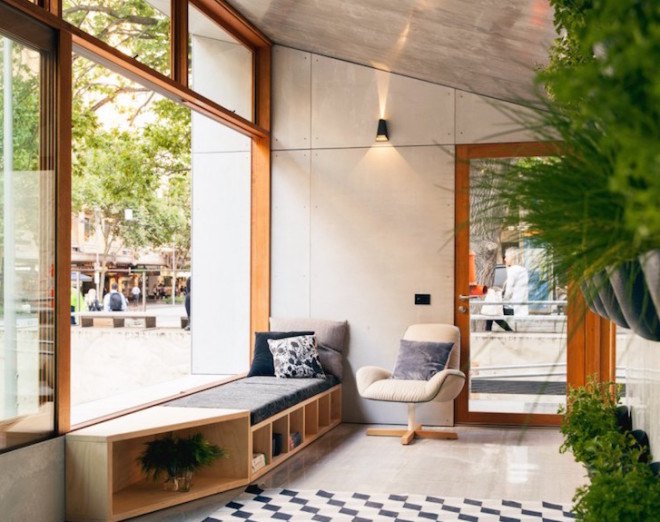 Archiblox, sunroom, carbon positive house, carbon positive, prefab, prefab house, carbon positive prefab, Melbourne, Australia, in-ground tubes, green roof, rainwater recycling, sustainably sourced materials, vertical, modular cabinets, double glazed facade, solar gain, passive design
