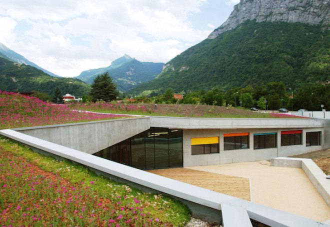 French Alps, Mas Architecture, Saint-Egrève, France, community arts enter, youth facility, BBC energy efficiency standards, energy efficiency, energy efficient building, locally sourced materials, rainwater collection, green roof, intensive green roof, Batiment basse consommation