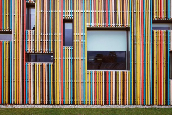 French Alps, Mas Architecture, Saint-Egrève, France, community arts enter, youth facility, BBC energy efficiency standards, energy efficiency, energy efficient building, locally sourced materials, rainwater collection, green roof, intensive green roof, Batiment basse consommation