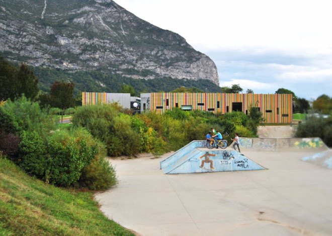 French Alps, Mas Architecture, Saint-Egrève, France, community arts enter, youth facility, BBC energy efficiency standards, energy efficiency, energy efficient building, locally sourced materials, rainwater collection, green roof, intensive green roof, Batiment basse consommation