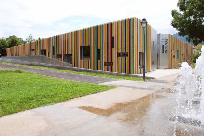 French Alps, Mas Architecture, Saint-Egrève, France, community arts enter, youth facility, BBC energy efficiency standards, energy efficiency, energy efficient building, locally sourced materials, rainwater collection, green roof, intensive green roof, Batiment basse consommation