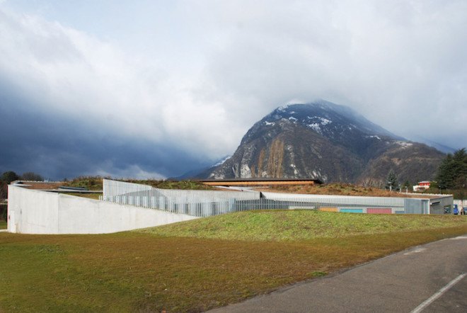 French Alps, Mas Architecture, Saint-Egrève, France, community arts enter, youth facility, BBC energy efficiency standards, energy efficiency, energy efficient building, locally sourced materials, rainwater collection, green roof, intensive green roof, Batiment basse consommation