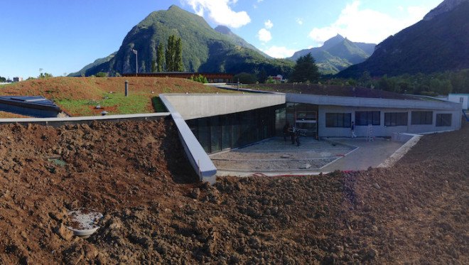 French Alps, Mas Architecture, Saint-Egrève, France, community arts enter, youth facility, BBC energy efficiency standards, energy efficiency, energy efficient building, locally sourced materials, rainwater collection, green roof, intensive green roof, Batiment basse consommation
