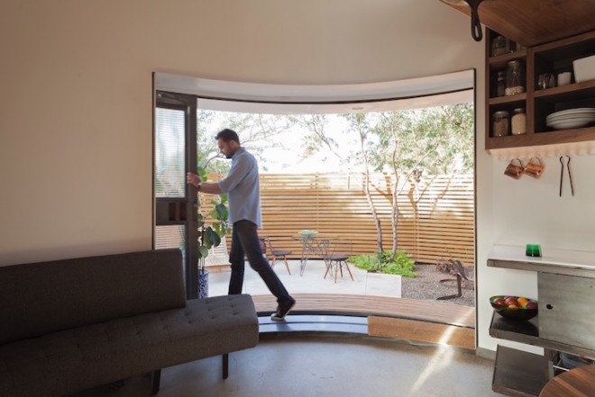 silo, converted silo, silo home, grain silo home, grain silo, adaptive reuse, tiny homes, Christoph Kaiser, urban renewal, Arizona, Phoenix, Garfield Historic District, walnut plank flooring, black steel, skylight, custom furnishings
