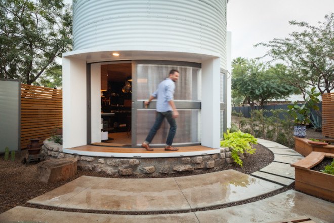 silo, converted silo, silo home, grain silo home, grain silo, adaptive reuse, tiny homes, Christoph Kaiser, urban renewal, Arizona, Phoenix, Garfield Historic District, walnut plank flooring, black steel, skylight, custom furnishings