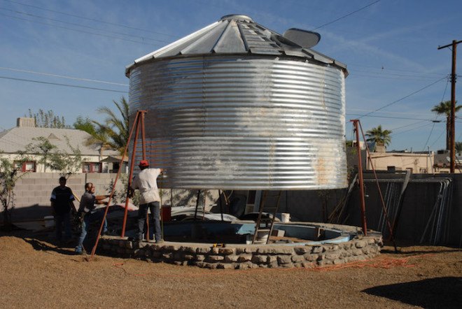 silo, converted silo, silo home, grain silo home, grain silo, adaptive reuse, tiny homes, Christoph Kaiser, urban renewal, Arizona, Phoenix, Garfield Historic District, walnut plank flooring, black steel, skylight, custom furnishings