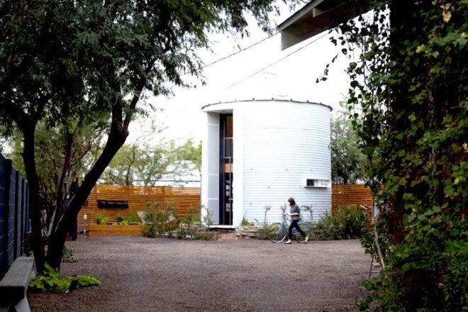 silo, converted silo, silo home, grain silo home, grain silo, adaptive reuse, tiny homes, Christoph Kaiser, urban renewal, Arizona, Phoenix, Garfield Historic District, walnut plank flooring, black steel, skylight, custom furnishings