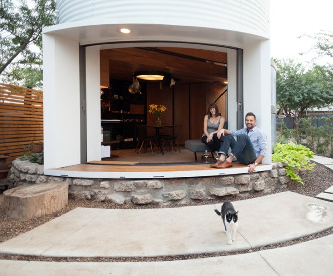 silo, converted silo, silo home, grain silo home, grain silo, adaptive reuse, tiny homes, Christoph Kaiser, urban renewal, Arizona, Phoenix, Garfield Historic District, walnut plank flooring, black steel, skylight, custom furnishings