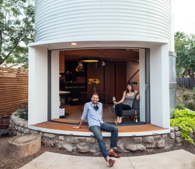 silo, converted silo, silo home, grain silo home, grain silo, adaptive reuse, tiny homes, Christoph Kaiser, urban renewal, Arizona, Phoenix, Garfield Historic District, walnut plank flooring, black steel, skylight, custom furnishings