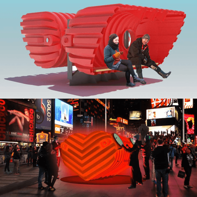 Architecture League of New York, eco design, green design, interactive sculpture, stereotank, sustainable design, times square alliance, Times Square Arts, Valentine Heart Times Square, heartseat