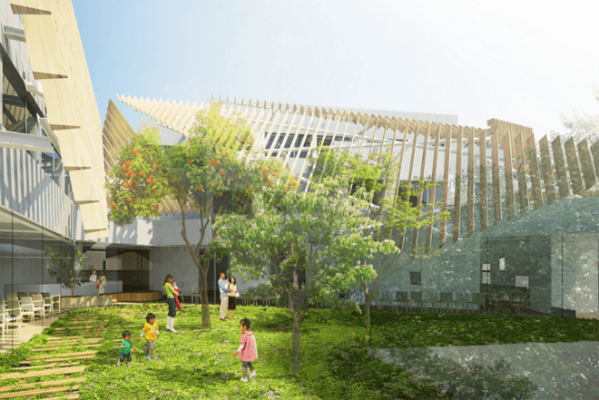 japanese architecture, japanese hospital, tokyo hospital, kengo kuma, seijo kinoshita hospital, natural lighting indoors, landscaped garden, green spaces in hospitals