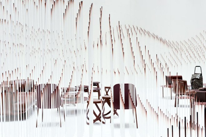 Nendo, sweet spot, Chocolatexture Lounge, Maison&Objet, Paris, chocolate-themed space, visitors lounge, brown furniture, sticks casacade installation