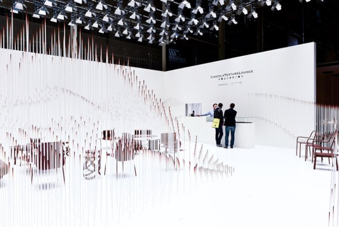 Nendo, sweet spot, Chocolatexture Lounge, Maison&Objet, Paris, chocolate-themed space, visitors lounge, brown furniture, sticks casacade installation
