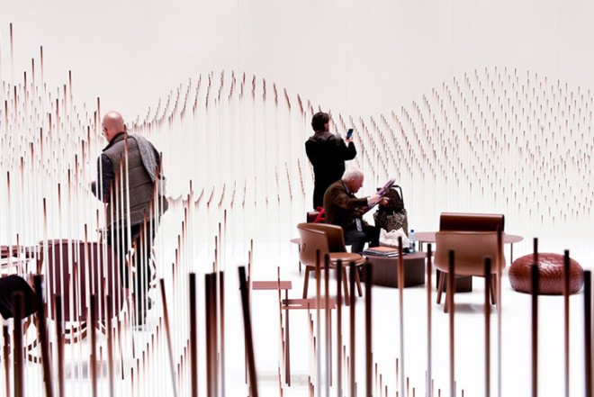 Nendo, sweet spot, Chocolatexture Lounge, Maison&Objet, Paris, chocolate-themed space, visitors lounge, brown furniture, sticks casacade installation