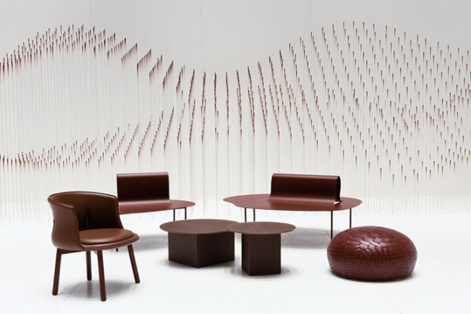 Nendo, sweet spot, Chocolatexture Lounge, Maison&Objet, Paris, chocolate-themed space, visitors lounge, brown furniture, sticks casacade installation