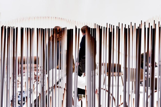 Nendo, sweet spot, Chocolatexture Lounge, Maison&Objet, Paris, chocolate-themed space, visitors lounge, brown furniture, sticks casacade installation