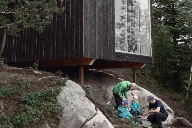 OPA Form architects, off-grid retreat, mountain retreat, Tubakuba, Norwegian students, Shou Sugi Ban, wooden tunnel entrance, Bergen School of Architecture