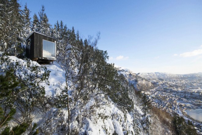 OPA Form architects, off-grid retreat, mountain retreat, Tubakuba, Norwegian students, Shou Sugi Ban, wooden tunnel entrance, Bergen School of Architecture