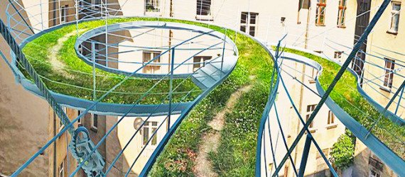 Zalewski green balcony, Zalewski Architecture Group, Suspended Green Walkway, Polish Green Architecture, House renovation poland, green sky walkway, balcony garden