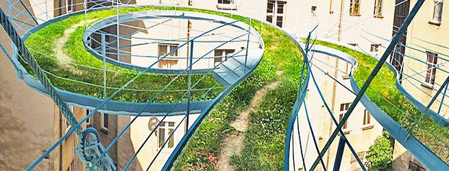 Zalewski green balcony, Zalewski Architecture Group, Suspended Green Walkway, Polish Green Architecture, House renovation poland, green sky walkway, balcony garden