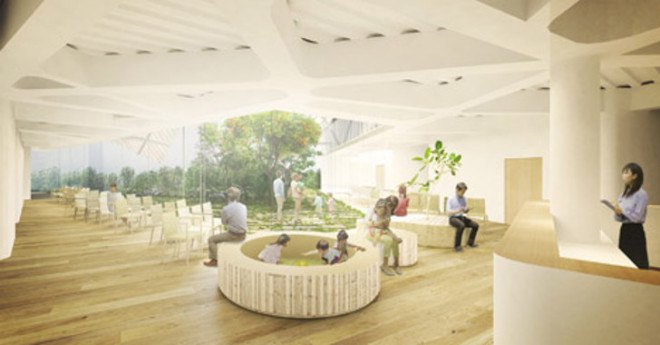 japanese architecture, japanese hospital, tokyo hospital, kengo kuma, seijo kinoshita hospital, natural lighting indoors, landscaped garden, green spaces in hospitals