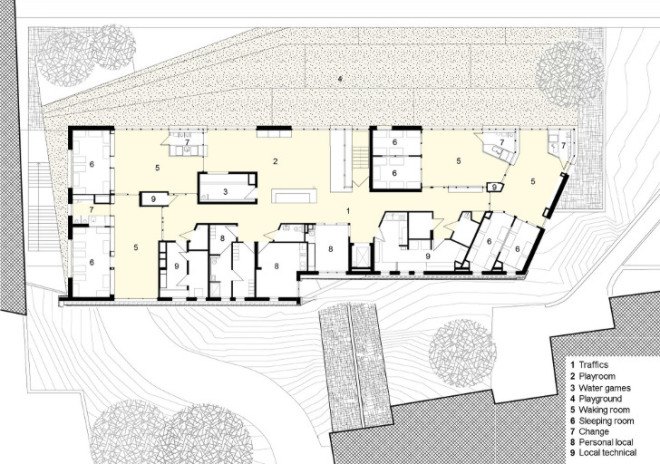 the paper nursery, wild rabbits architects, paris, france, french architecture, paris nursery school, paris nursery, childrens spaces, hidden building, rooftop garden, rooftop grass, good use of natural light, interior glass doors for light, vladimir doray