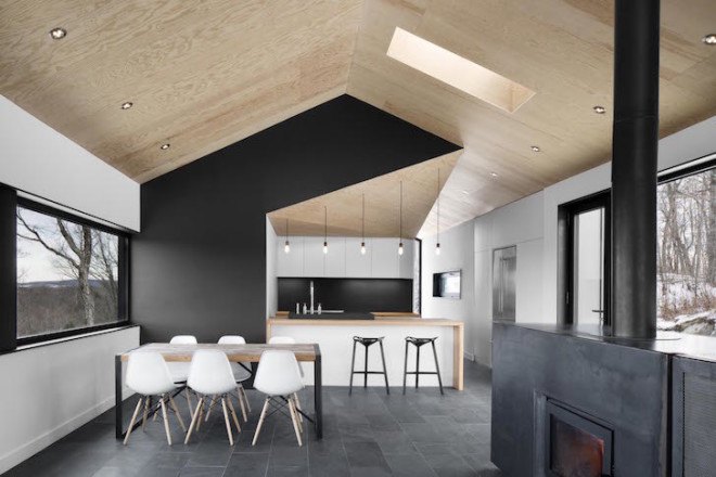 Bolton Residence, mnimalist cabin, cabin, Quebec, Naturehumaine, locally sourced material, timber frame, passive ventilation, slow-combustion fireplace, Eastern Townships, natural plateau, gabled, cantilevered, Bolton Residence by Naturehumaine