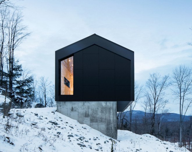 Bolton Residence, mnimalist cabin, cabin, Quebec, Naturehumaine, locally sourced material, timber frame, passive ventilation, slow-combustion fireplace, Eastern Townships, natural plateau, gabled, cantilevered, Bolton Residence by Naturehumaine